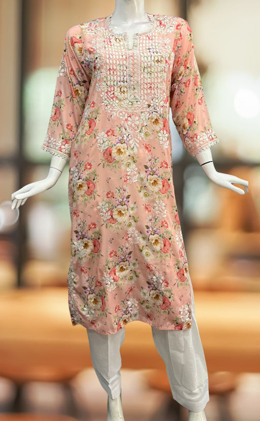 Peach Crepe Lucknowi Chikankari Embroidery Kurti.  Elegant Crepe Fabric. | Laces and Frills - Laces and Frills