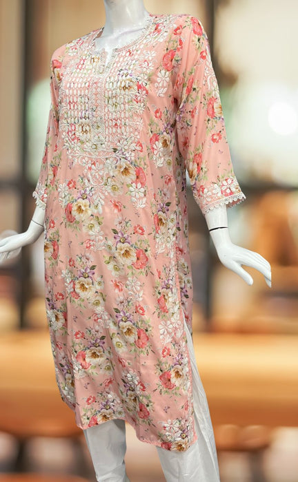 Peach Crepe Lucknowi Chikankari Embroidery Kurti.  Elegant Crepe Fabric. | Laces and Frills - Laces and Frills