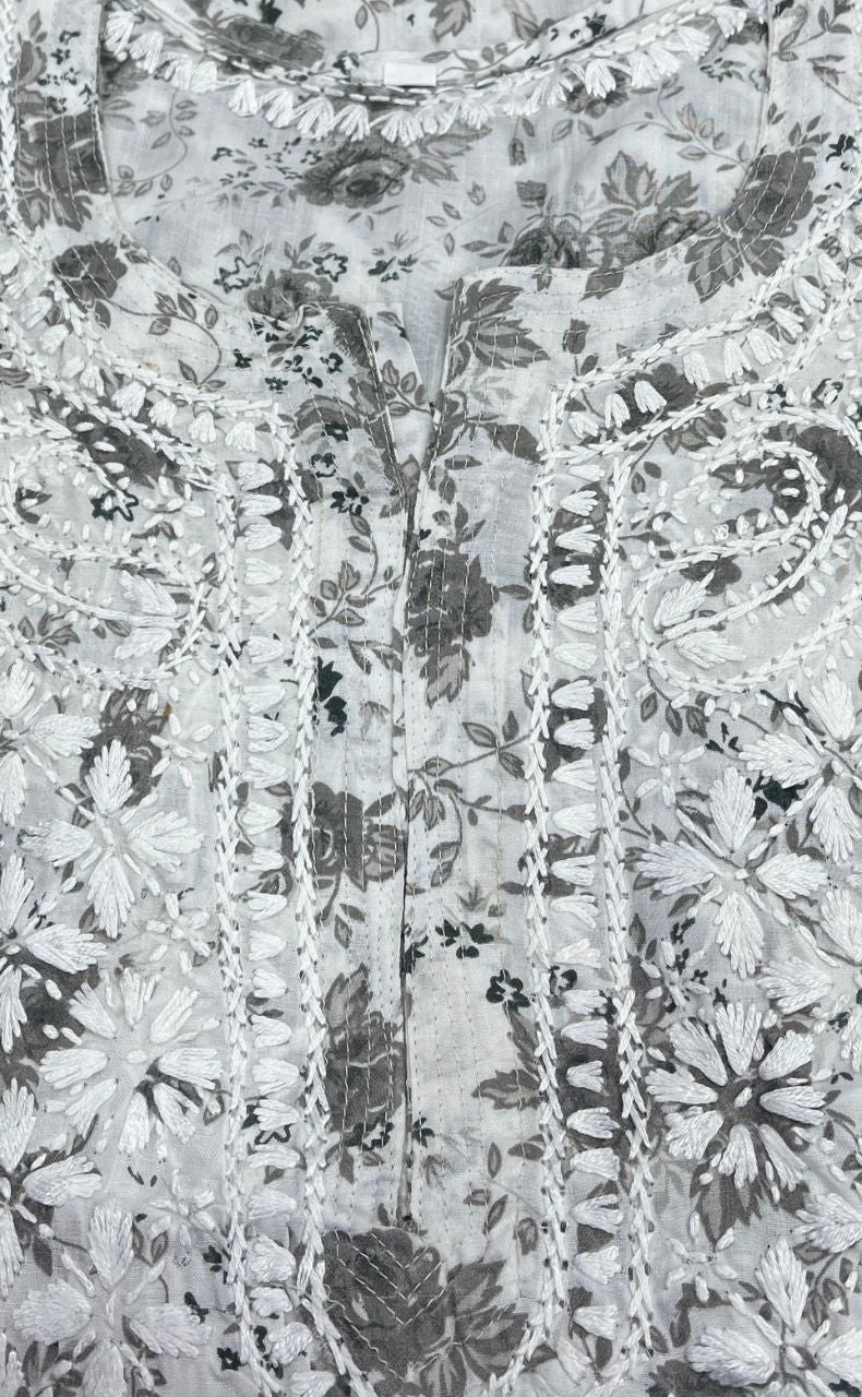 Grey/White Lucknowi Chikankari Embroidery Kurti.  Versatile Cotton Fabric. | Laces and Frills - Laces and Frills