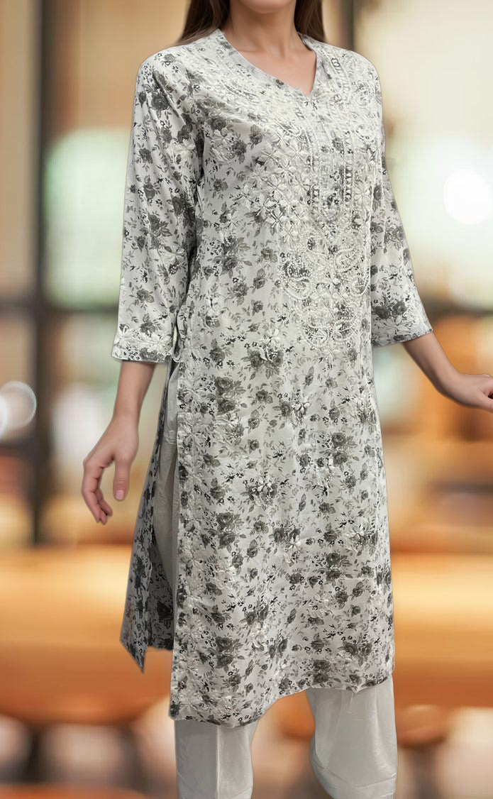 Grey/White Lucknowi Chikankari Embroidery Kurti.  Versatile Cotton Fabric. | Laces and Frills - Laces and Frills
