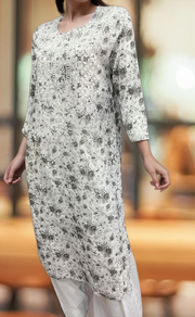 Grey/White Lucknowi Chikankari Embroidery Kurti.  Versatile Cotton Fabric. | Laces and Frills - Laces and Frills