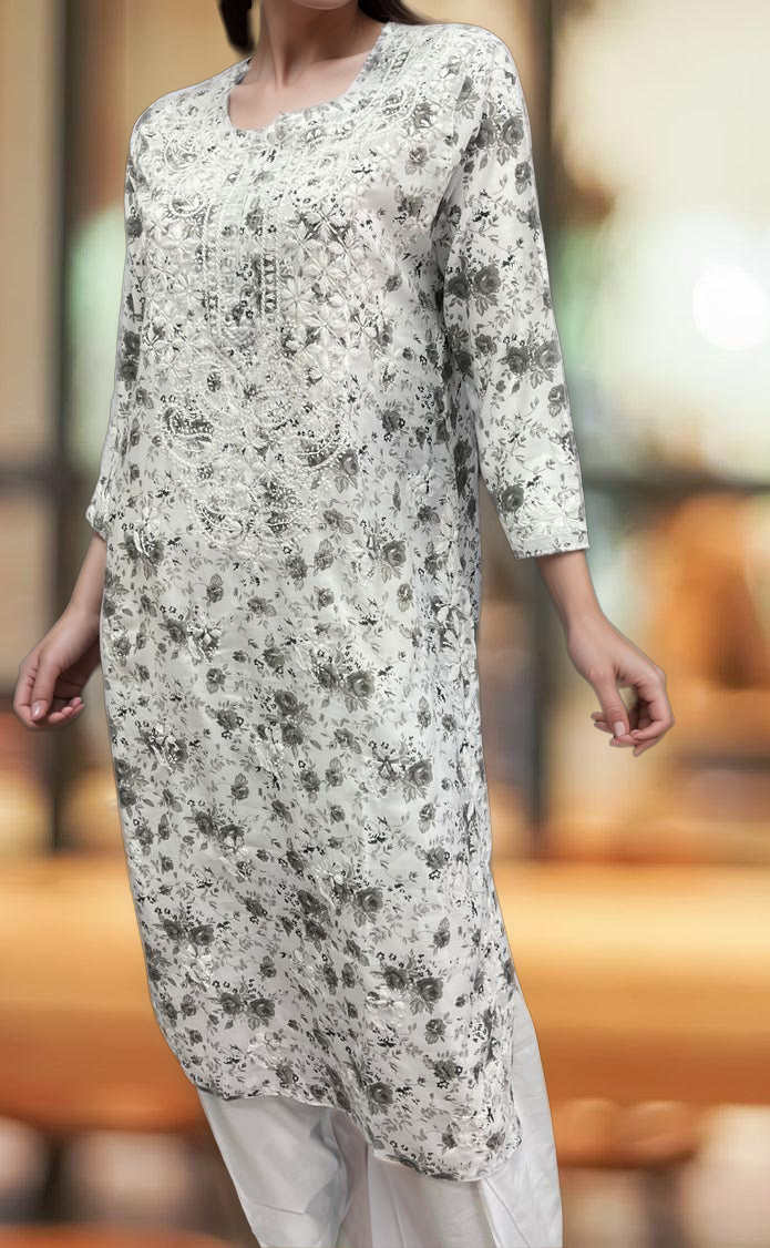 Grey/White Lucknowi Chikankari Embroidery Kurti.  Versatile Cotton Fabric. | Laces and Frills - Laces and Frills