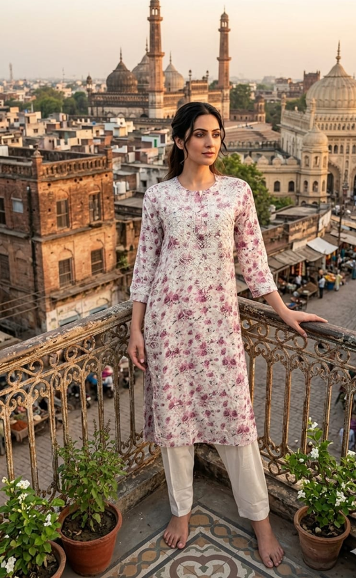 Pink/White Lucknowi Chikankari Embroidery Kurti.  Versatile Cotton Fabric. | Laces and Frills - Laces and Frills