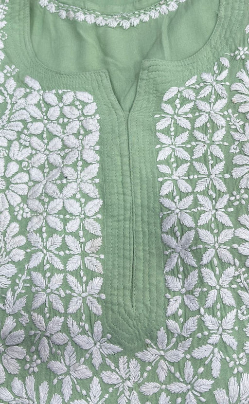 Pista Green Lucknowi Chikankari Kurti. Flowy Rayon Fabric. | Laces and Frills - Laces and Frills