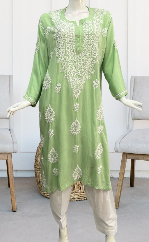 Pista Green Lucknowi Chikankari Kurti. Flowy Rayon Fabric. | Laces and Frills - Laces and Frills