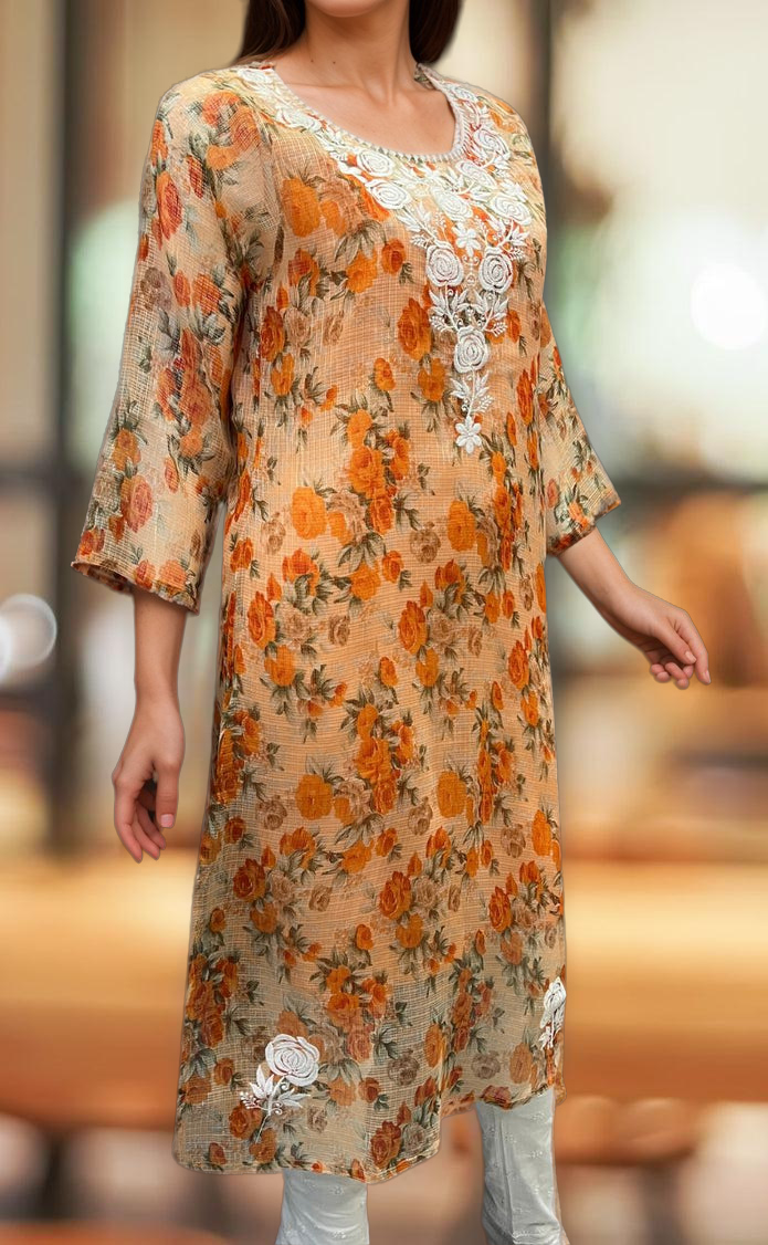 Orange Chikankari Kurti. Kota Doria Fabric. | Laces and Frills - Laces and Frills