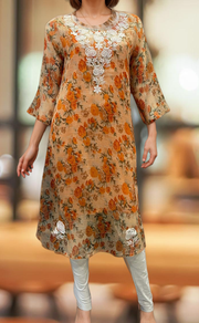 Orange Chikankari Kurti. Kota Doria Fabric. | Laces and Frills - Laces and Frills