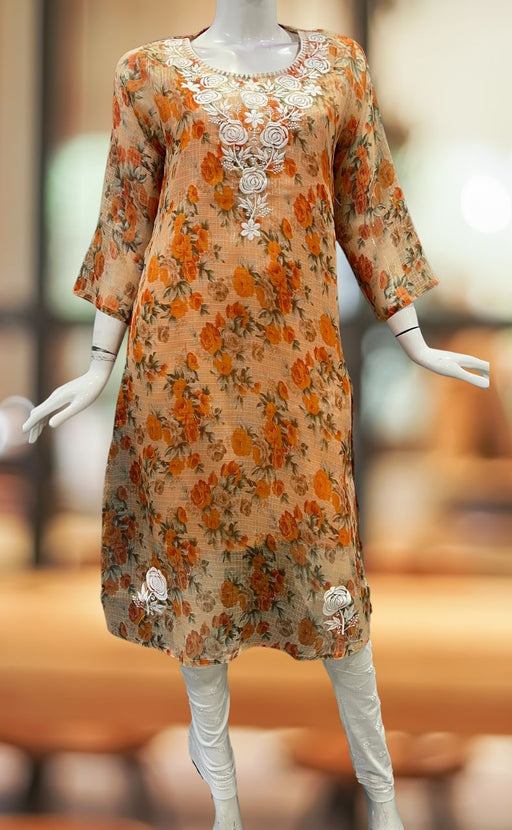 Orange Chikankari Kurti. Kota Doria Fabric. | Laces and Frills - Laces and Frills
