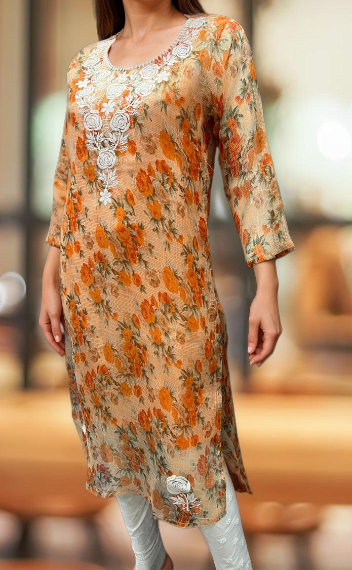 Orange Chikankari Kurti. Kota Doria Fabric. | Laces and Frills - Laces and Frills