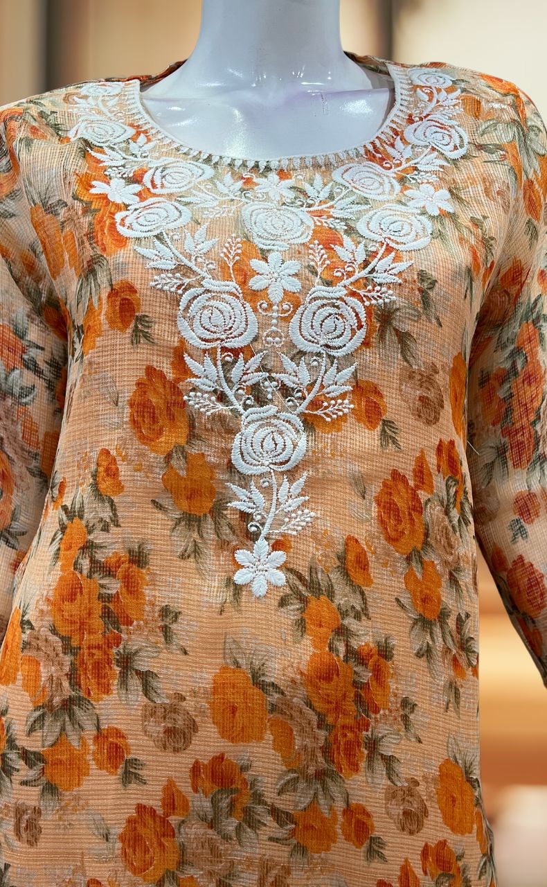 Orange Chikankari Kurti. Kota Doria Fabric. | Laces and Frills - Laces and Frills
