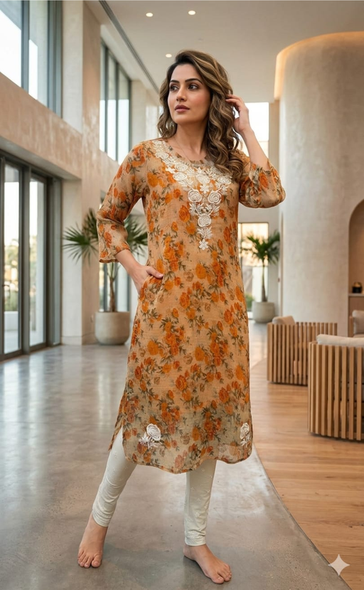 Orange Chikankari Kurti. Kota Doria Fabric. | Laces and Frills - Laces and Frills