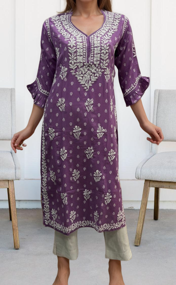 Lavender Lucknowi Kurti.  Versatile Cotton Fabric. | Laces and Frills - Laces and Frills