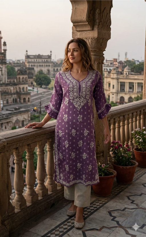 Lavender Lucknowi Kurti.  Versatile Cotton Fabric. | Laces and Frills - Laces and Frills