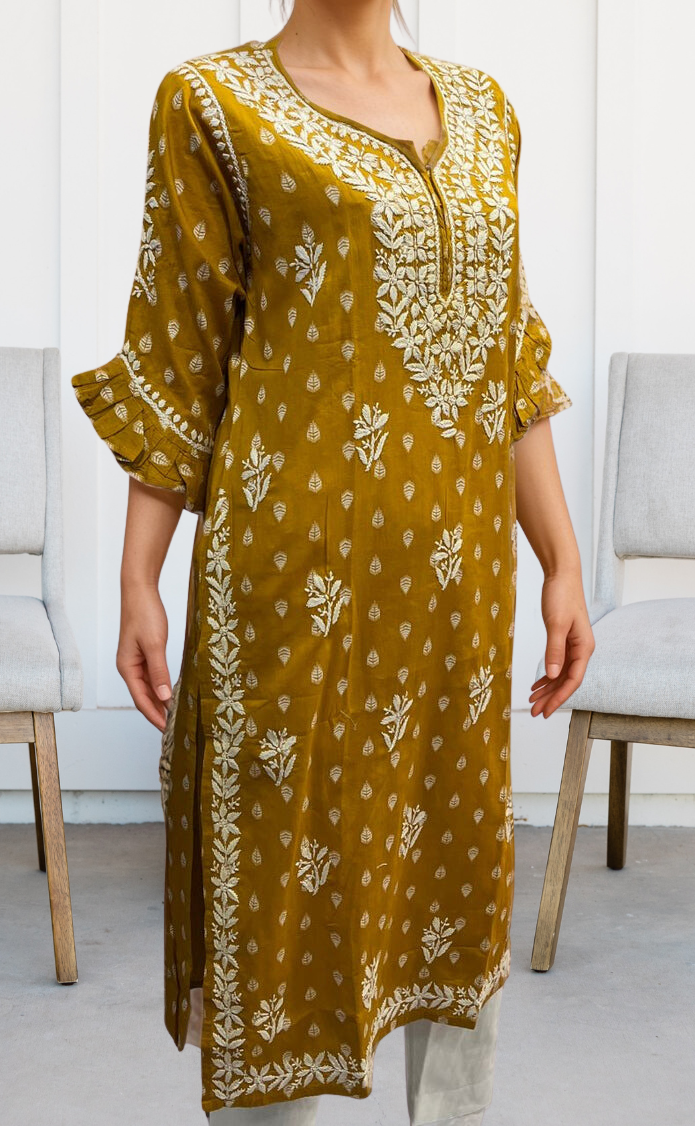 Mustard Lucknowi Kurti.  Versatile Cotton Fabric. | Laces and Frills - Laces and Frills