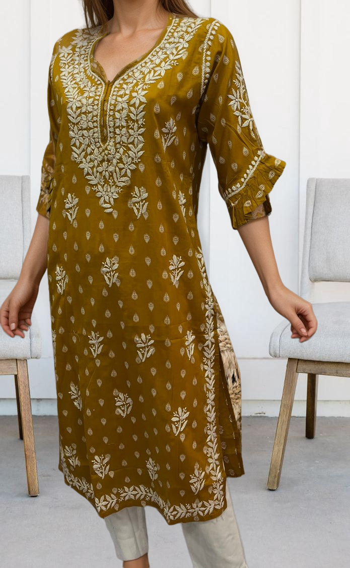 Mustard Lucknowi Kurti.  Versatile Cotton Fabric. | Laces and Frills - Laces and Frills