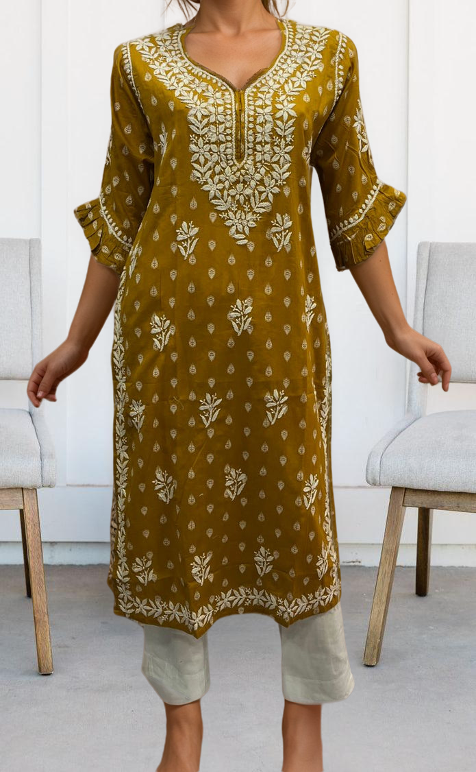 Mustard Lucknowi Kurti.  Versatile Cotton Fabric. | Laces and Frills - Laces and Frills