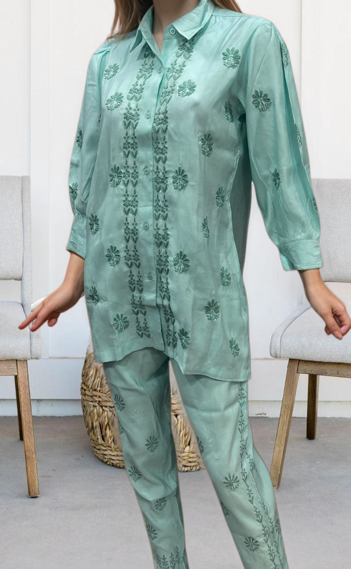 Sea Green Chikankari Short Kurti/Pant Co-Ord Set . Versatile Cotton Fabric. | Laces and Frills - Laces and Frills