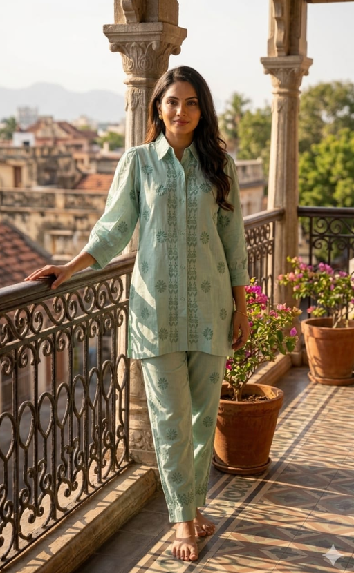 Sea Green Chikankari Short Kurti/Pant Co-Ord Set . Versatile Cotton Fabric. | Laces and Frills - Laces and Frills