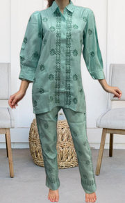 Sea Green Chikankari Short Kurti/Pant Co-Ord Set . Versatile Cotton Fabric. | Laces and Frills - Laces and Frills