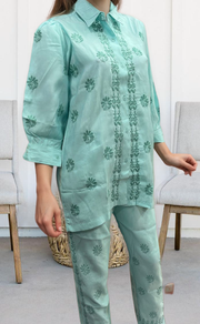 Sea Green Chikankari Short Kurti/Pant Co-Ord Set . Versatile Cotton Fabric. | Laces and Frills - Laces and Frills