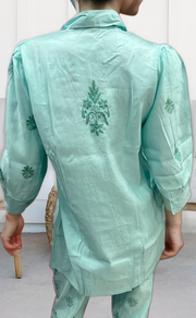 Sea Green Chikankari Short Kurti/Pant Co-Ord Set . Versatile Cotton Fabric. | Laces and Frills - Laces and Frills
