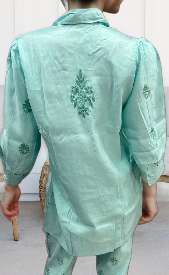 Sea Green Chikankari Short Kurti/Pant Co-Ord Set . Versatile Cotton Fabric. | Laces and Frills - Laces and Frills