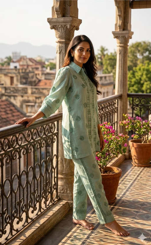Sea Green Chikankari Short Kurti/Pant Co-Ord Set . Versatile Cotton Fabric. | Laces and Frills - Laces and Frills
