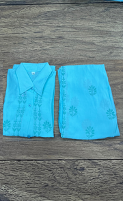 Sea Green Chikankari Short Kurti/Pant Co-Ord Set . Versatile Cotton Fabric. | Laces and Frills - Laces and Frills