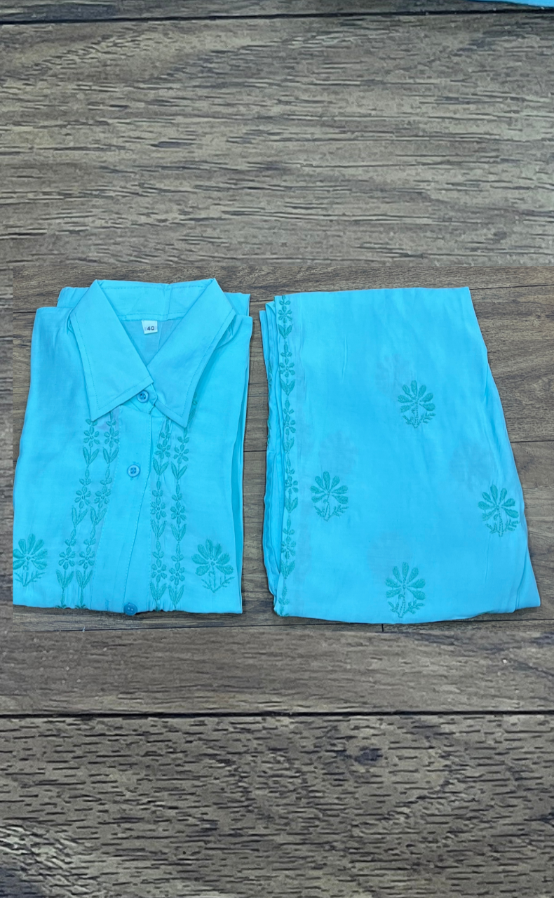 Sea Green Chikankari Short Kurti/Pant Co-Ord Set . Versatile Cotton Fabric. | Laces and Frills - Laces and Frills