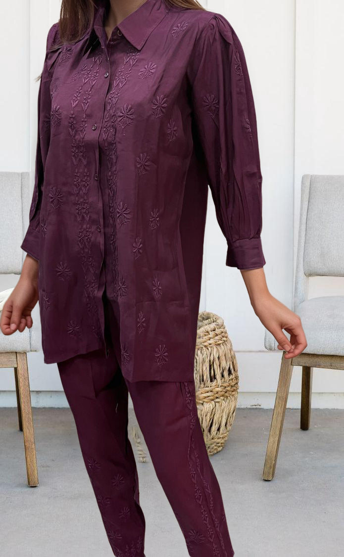 Dark Violet Chikankari Short Kurti/Pant Co-Ord Set . Versatile Cotton Fabric. | Laces and Frills - Laces and Frills