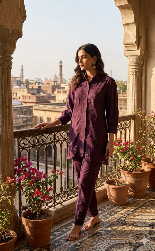 Dark Violet Chikankari Short Kurti/Pant Co-Ord Set . Versatile Cotton Fabric. | Laces and Frills - Laces and Frills