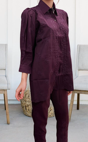 Dark Violet Chikankari Short Kurti/Pant Co-Ord Set . Versatile Cotton Fabric. | Laces and Frills - Laces and Frills