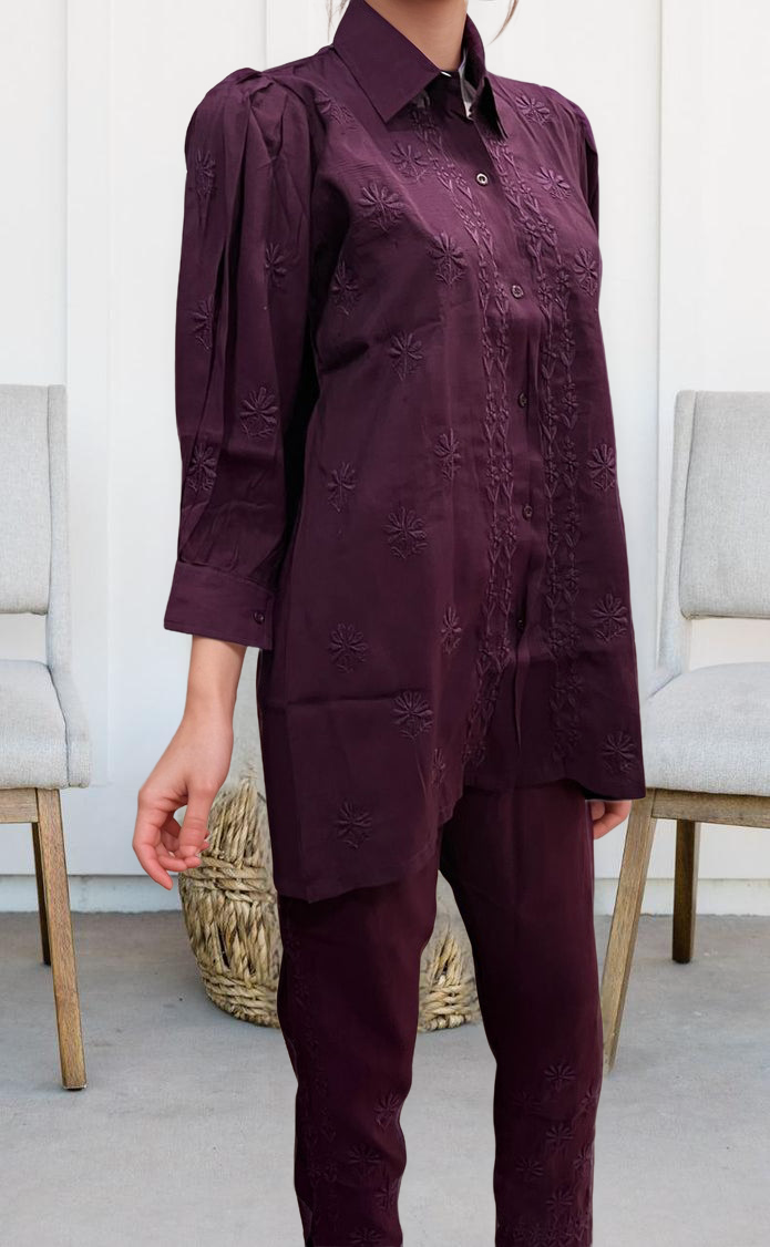 Dark Violet Chikankari Short Kurti/Pant Co-Ord Set . Versatile Cotton Fabric. | Laces and Frills - Laces and Frills