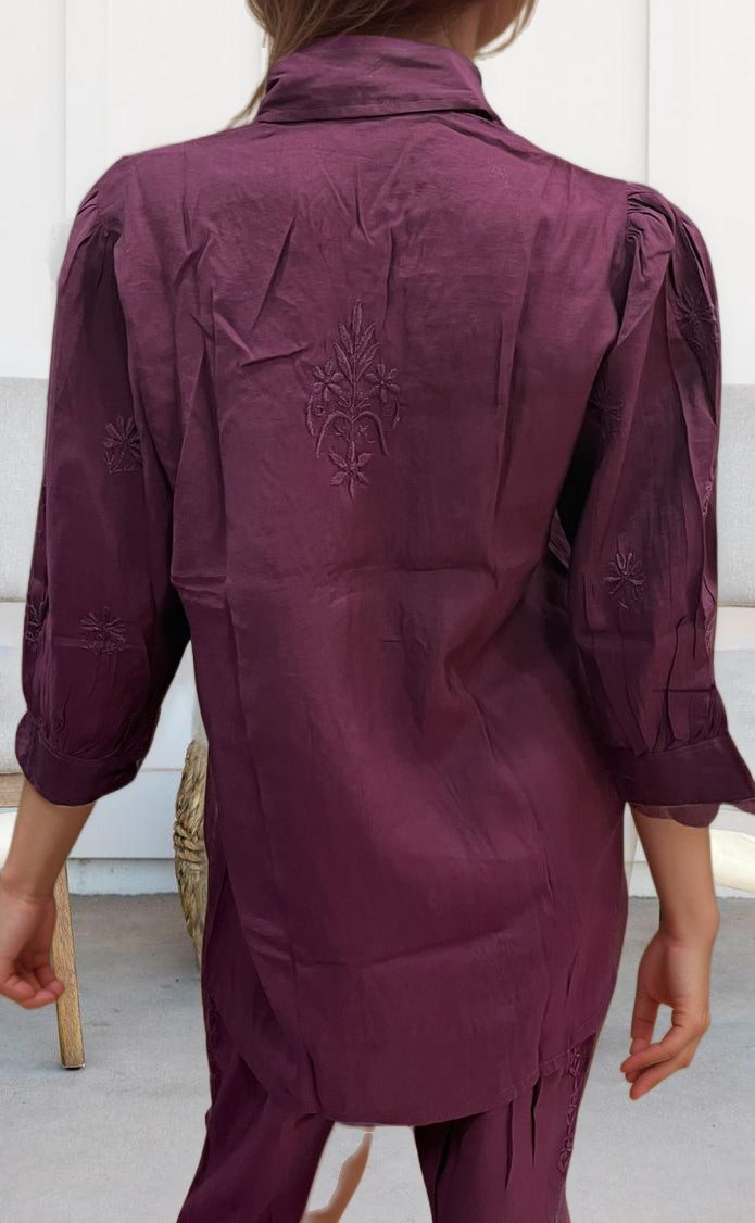 Dark Violet Chikankari Short Kurti/Pant Co-Ord Set . Versatile Cotton Fabric. | Laces and Frills - Laces and Frills
