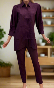 Dark Violet Chikankari Short Kurti/Pant Co-Ord Set . Versatile Cotton Fabric. | Laces and Frills