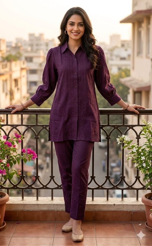 Dark Violet Chikankari Short Kurti/Pant Co-Ord Set . Versatile Cotton Fabric. | Laces and Frills - Laces and Frills