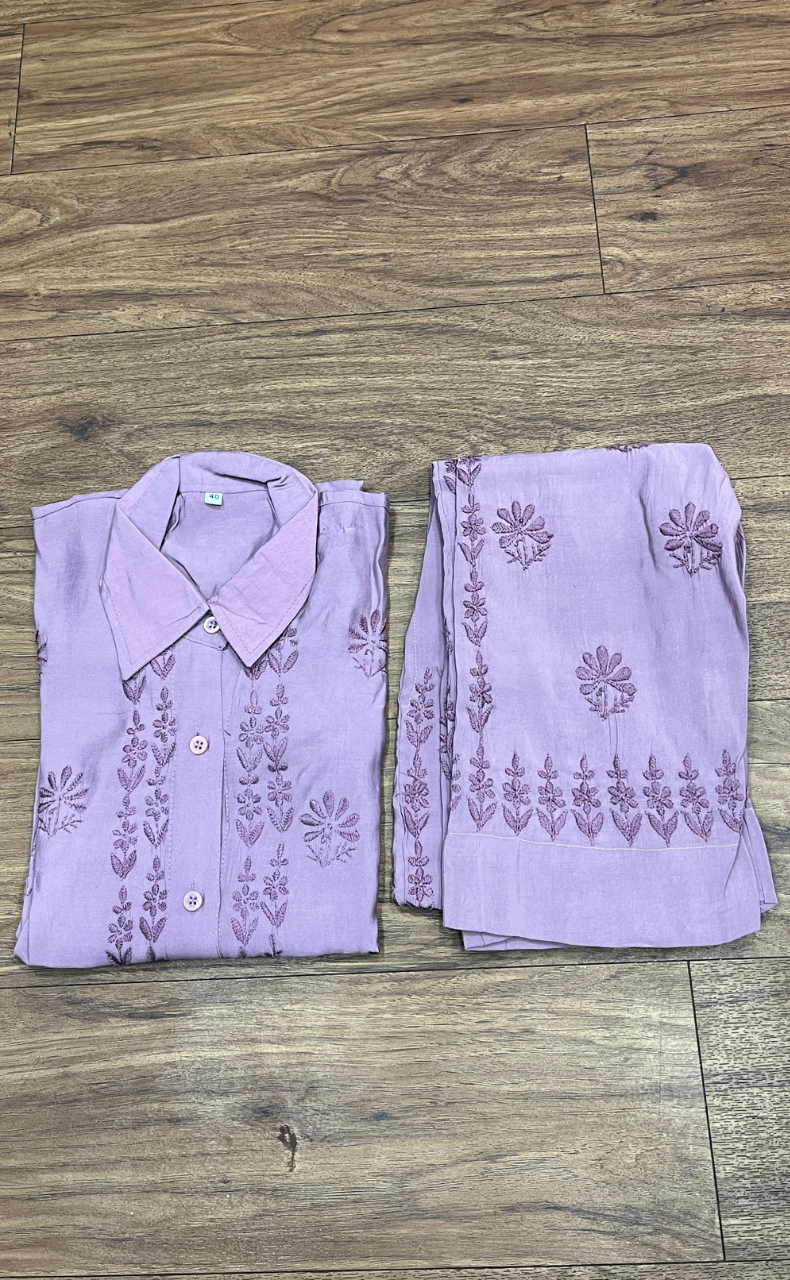 Onion Pink Chikankari Short Kurti/Pant Co-Ord Set . Versatile Cotton Fabric. | Laces and Frills - Laces and Frills