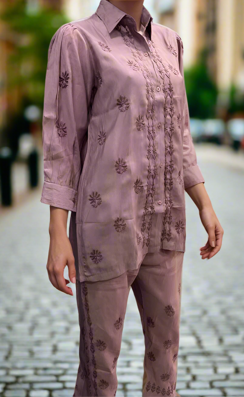 Onion Pink Chikankari Short Kurti/Pant Co-Ord Set . Versatile Cotton Fabric. | Laces and Frills