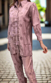 Onion Pink Chikankari Short Kurti/Pant Co-Ord Set . Versatile Cotton Fabric. | Laces and Frills