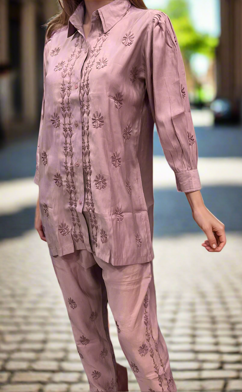 Onion Pink Chikankari Short Kurti/Pant Co-Ord Set . Versatile Cotton Fabric. | Laces and Frills