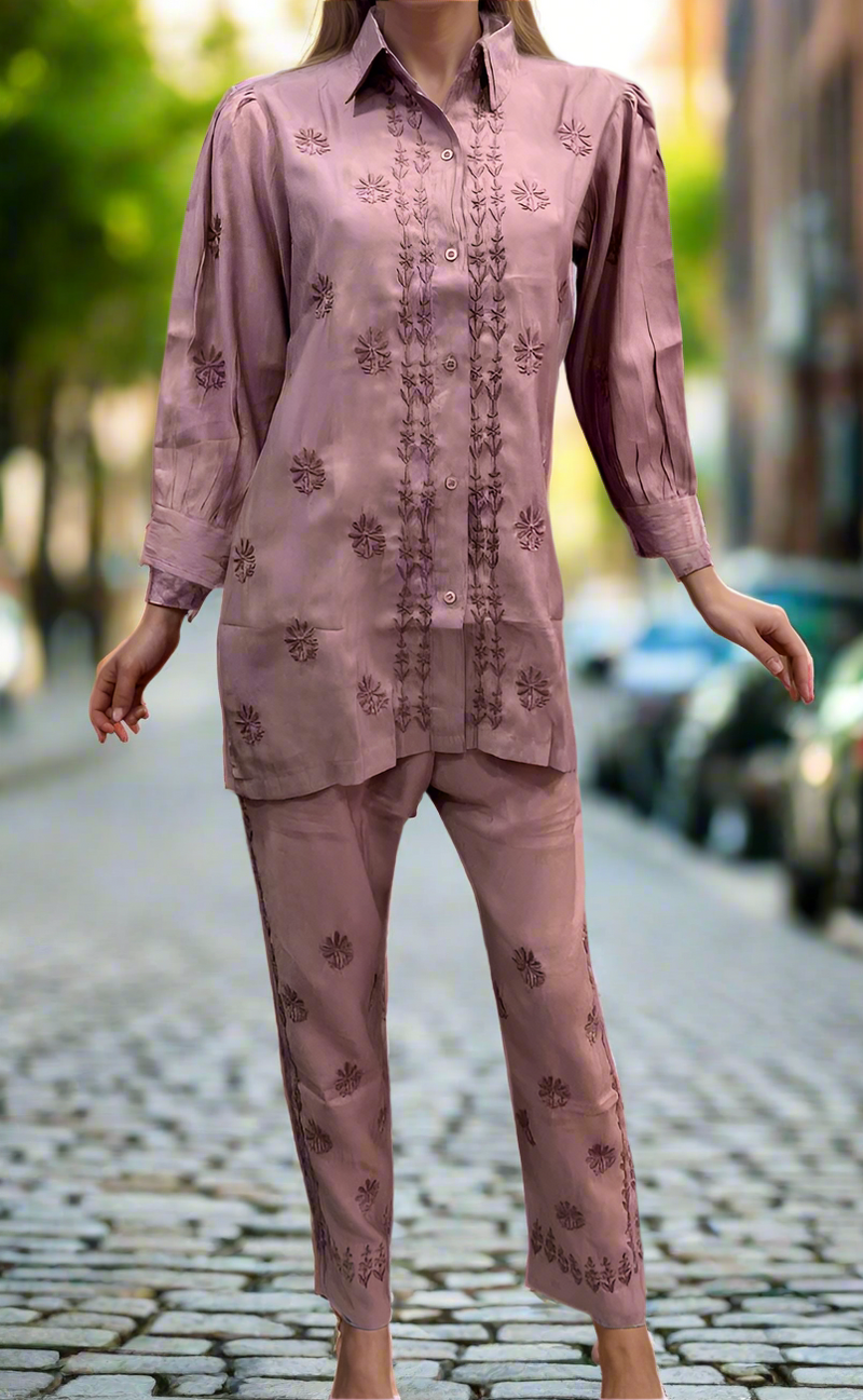 Onion Pink Chikankari Short Kurti/Pant Co-Ord Set . Versatile Cotton Fabric. | Laces and Frills