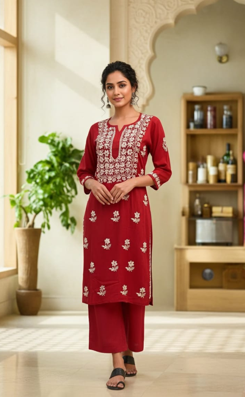 Red Chikankari Kurti Set. Flowy Rayon Fabric. | Laces and Frills
