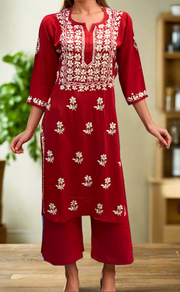 Red Chikankari Kurti Set. Flowy Rayon Fabric. | Laces and Frills
