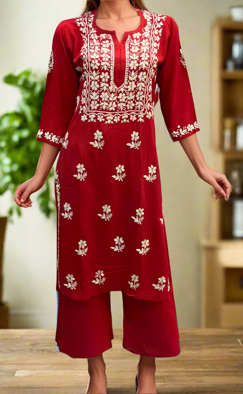 Red Chikankari Kurti Set. Flowy Rayon Fabric. | Laces and Frills