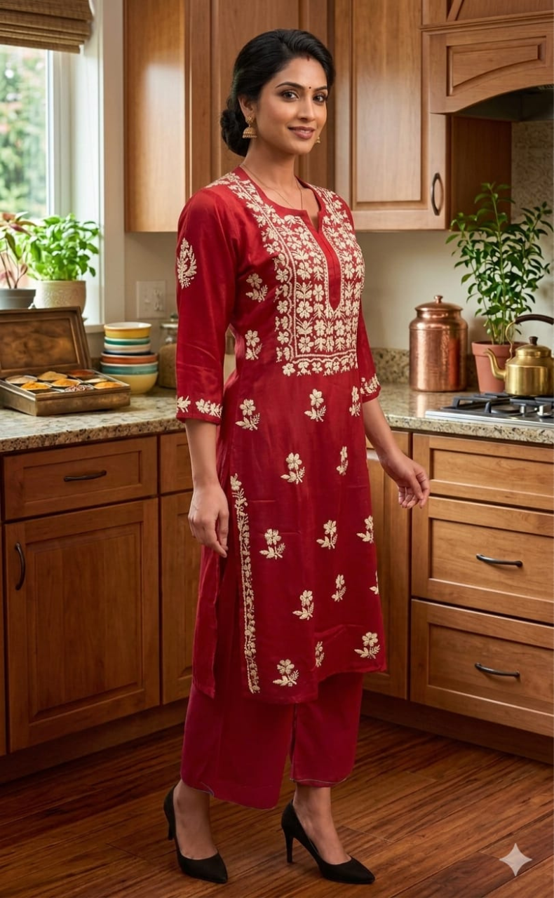 Red Chikankari Kurti Set. Flowy Rayon Fabric. | Laces and Frills - Laces and Frills