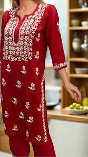 Red Chikankari Kurti Set. Flowy Rayon Fabric. | Laces and Frills