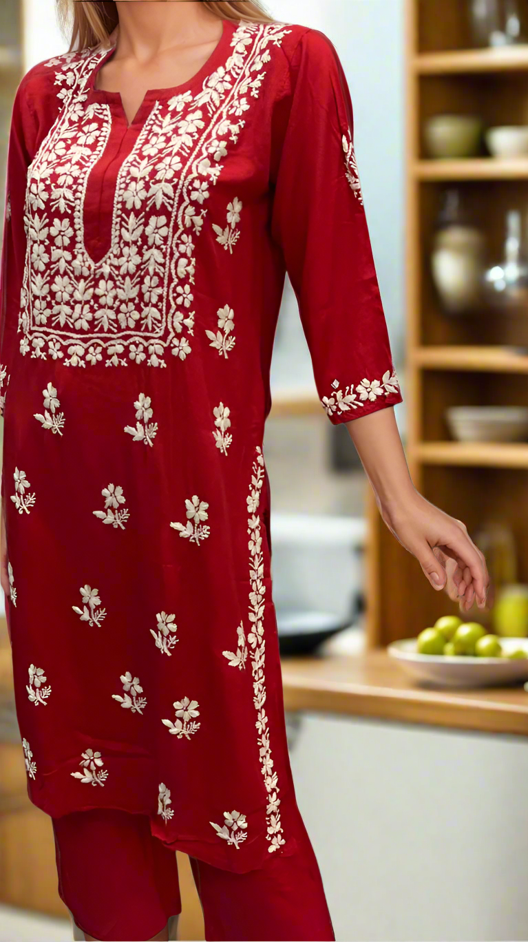 Red Chikankari Kurti Set. Flowy Rayon Fabric. | Laces and Frills