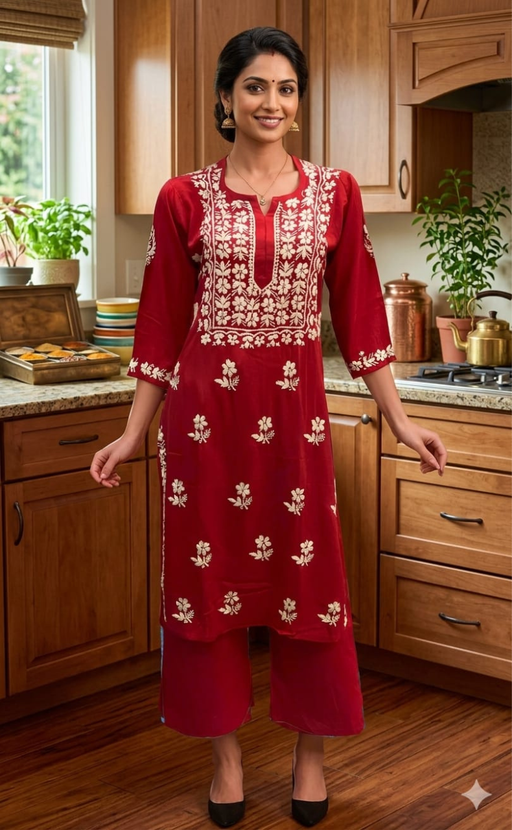 Red Chikankari Kurti Set. Flowy Rayon Fabric. | Laces and Frills - Laces and Frills
