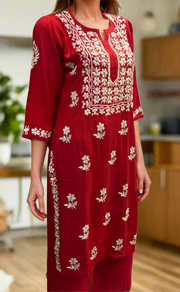 Red Chikankari Kurti Set. Flowy Rayon Fabric. | Laces and Frills