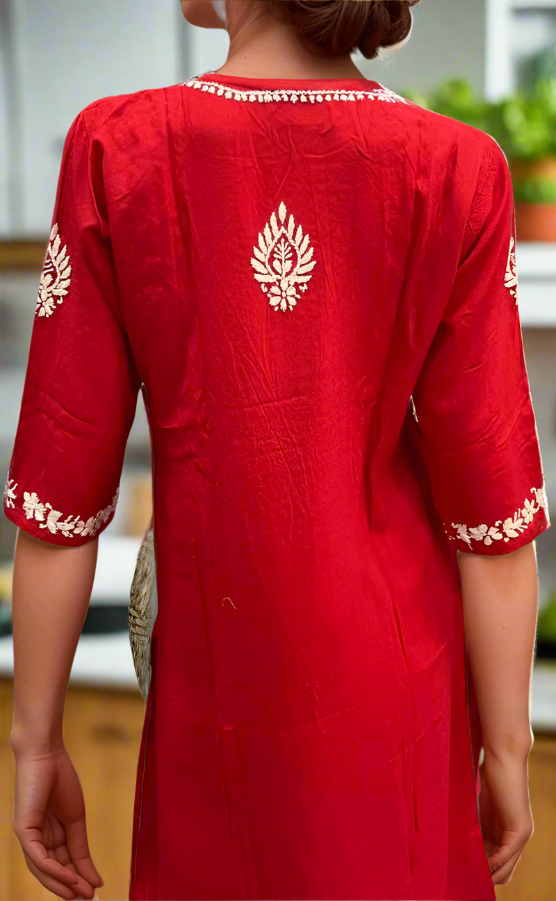 Red Chikankari Kurti Set. Flowy Rayon Fabric. | Laces and Frills